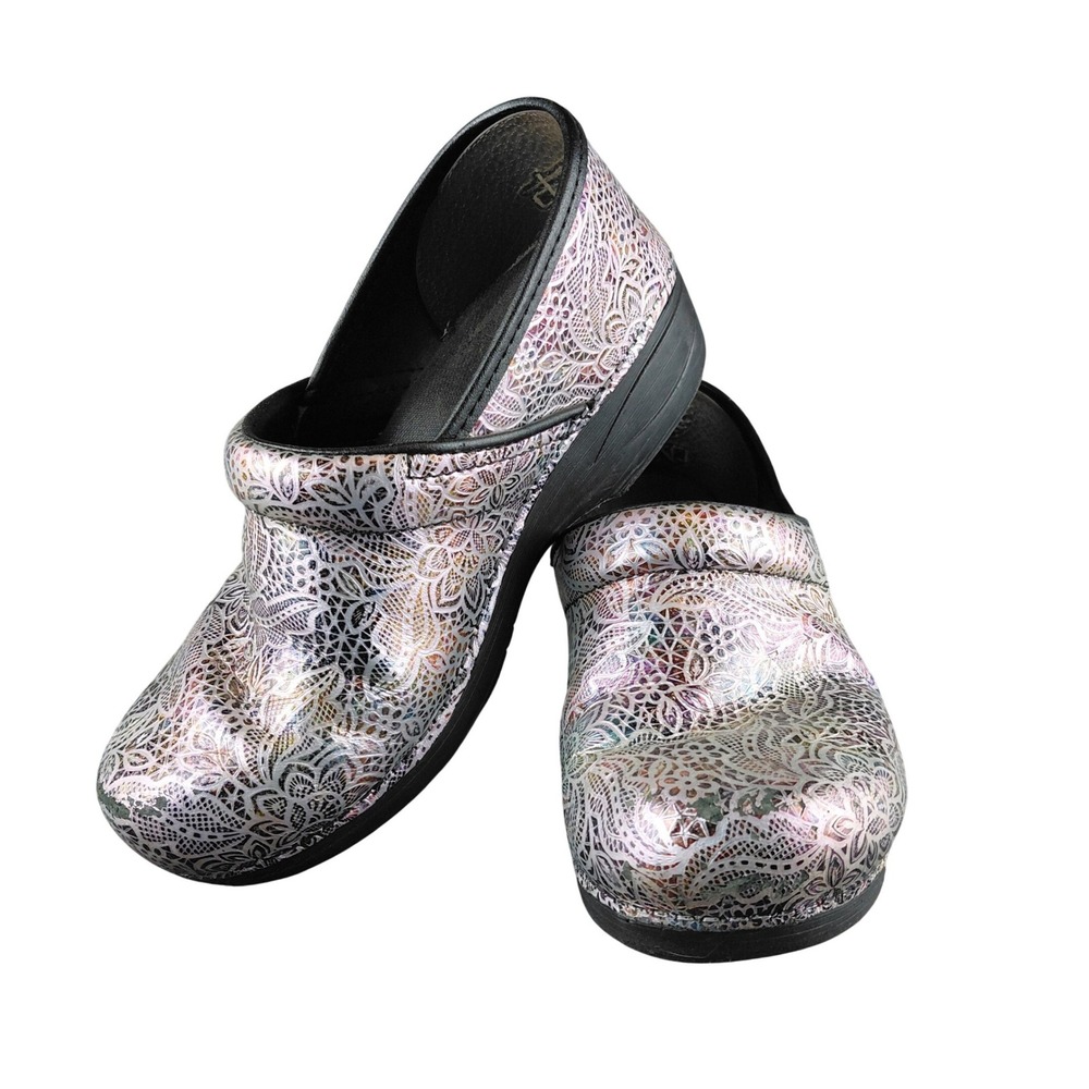 Dansko XP 2.0 Silver Iridescent Floral Lace Professional Clogs Womens 38